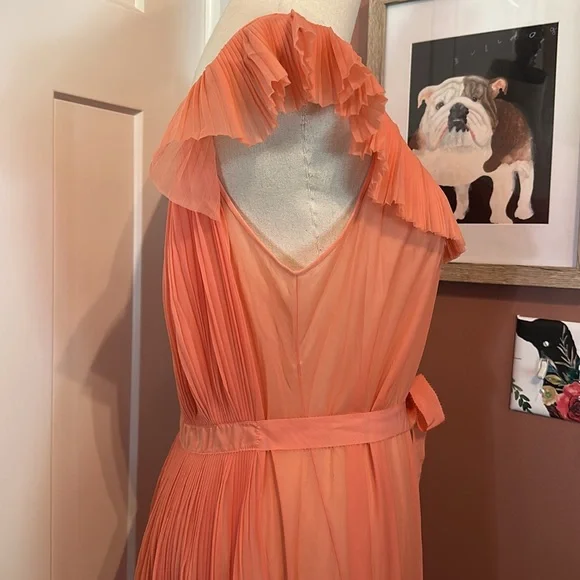 Vtg Vanity Fair coral pleats waist tie S Off-Shoulder flutter sleeve nightgown - Picture 6 of 16